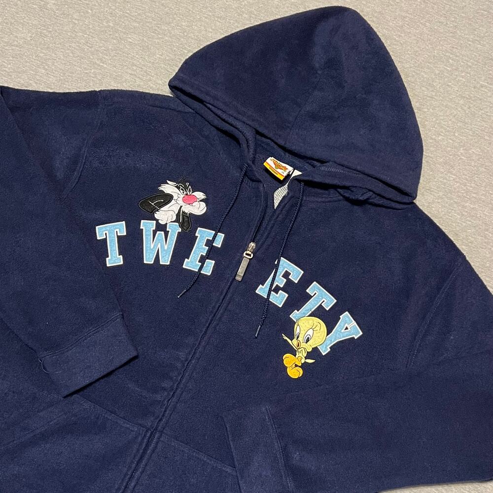 VTG Y2K Looney Tunes Tweety Sylvester Fleece Zip Hoodie Womens 1X Embroidered